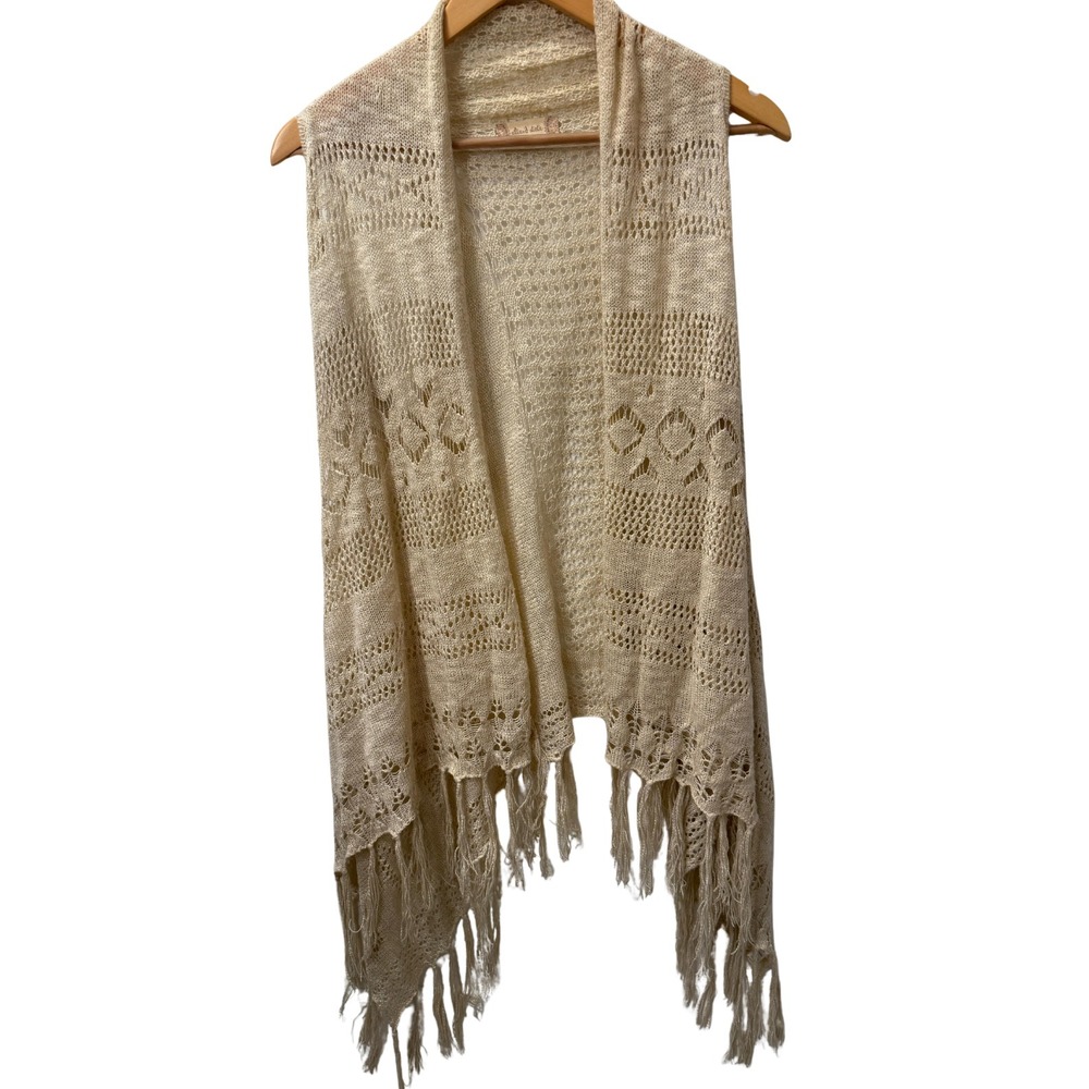 Altar'd State Crochet Vest Womens Small Fringe Open Front Knit Cream Festival